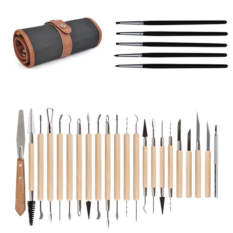 Keramik Lerverktyg - 27 Delar Set + Rullpaket Förvaringsväska