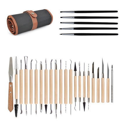 Keramik Lerverktyg - 27 Delar Set + Rullpaket Förvaringsväska
