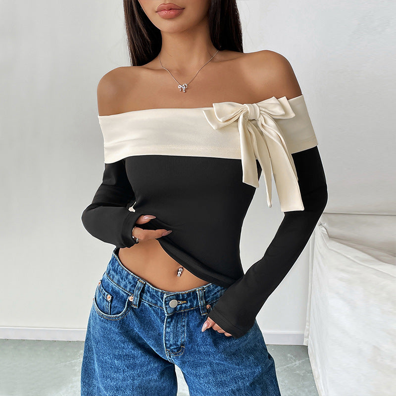 Fashion Off-neck Bow T-shirt