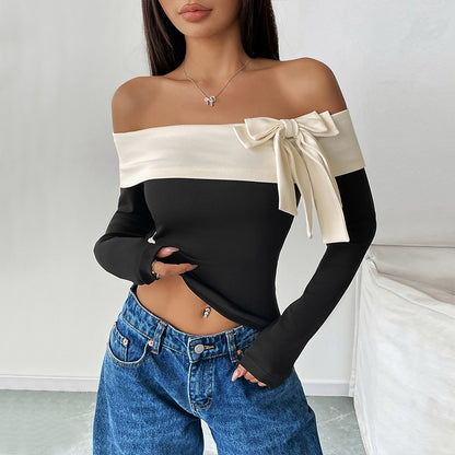 Fashion Off-neck Bow T-shirt
