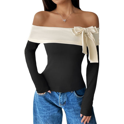 Fashion Off-neck Bow T-shirt